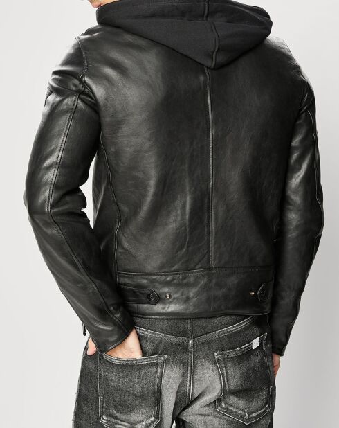 Blouson en Cuir Biker Hooded noir