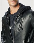 Blouson en Cuir Biker Hooded noir