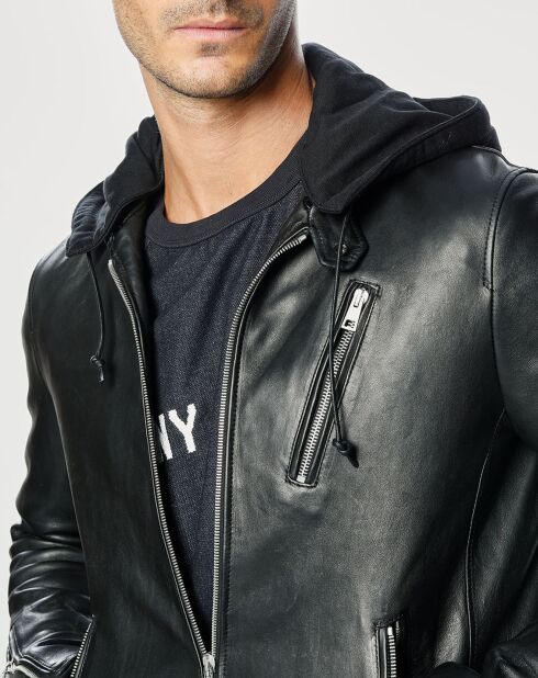 Blouson en Cuir Biker Hooded noir