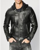 Blouson en Cuir Biker Hooded noir