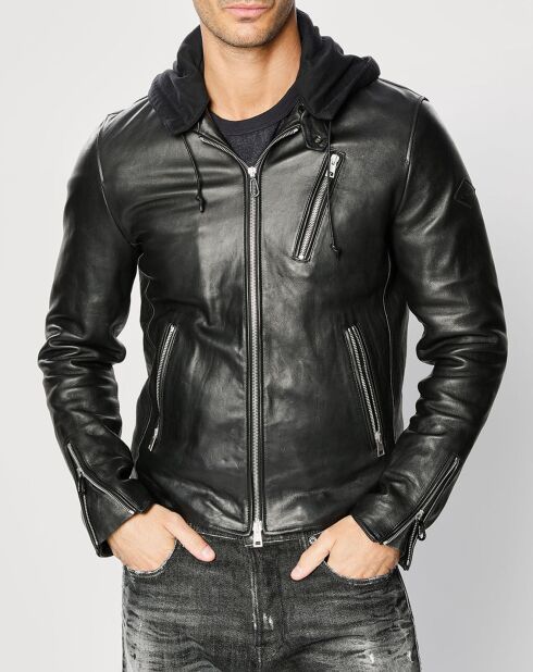 Blouson en Cuir Biker Hooded noir