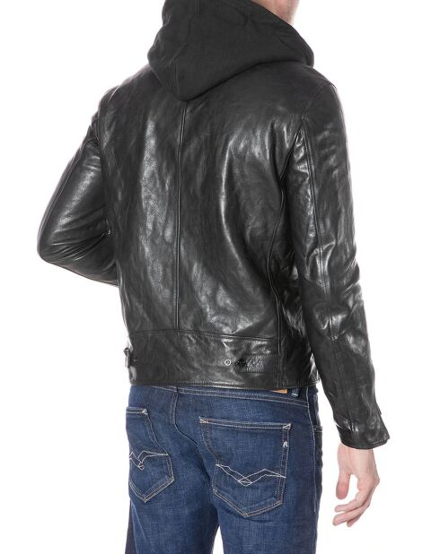 Blouson en Cuir Biker Hooded noir