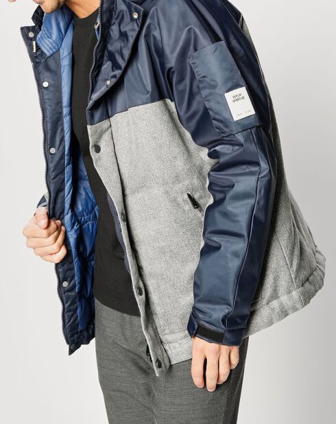 Grijs/blauw jack met capuchon van twee materialen