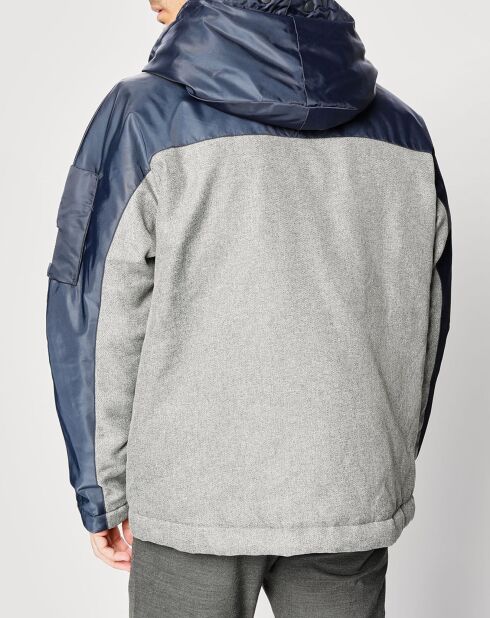 Grijs/blauw jack met capuchon van twee materialen