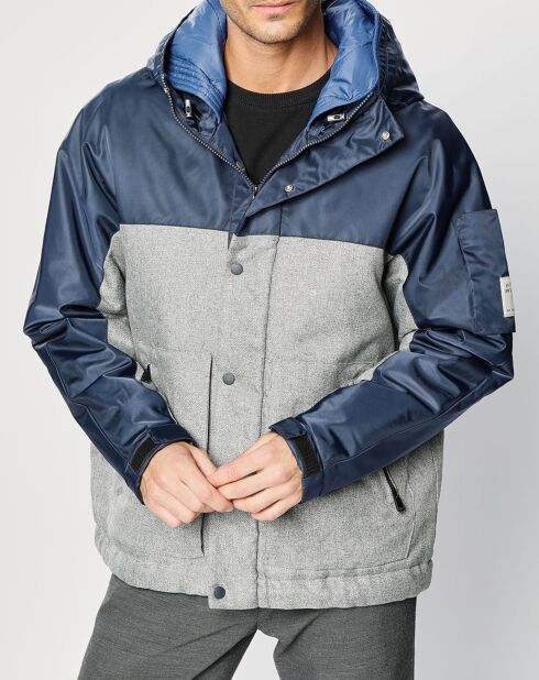 Grijs/blauw jack met capuchon van twee materialen