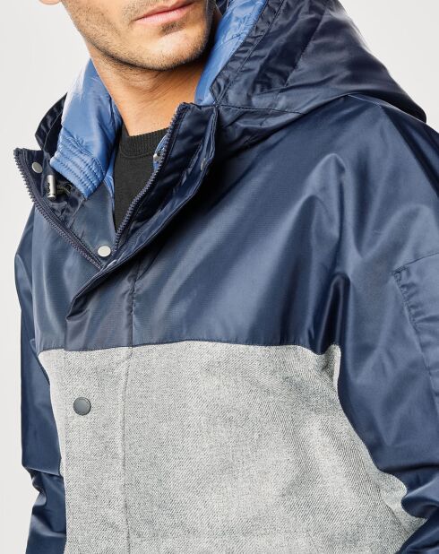 Grijs/blauw jack met capuchon van twee materialen