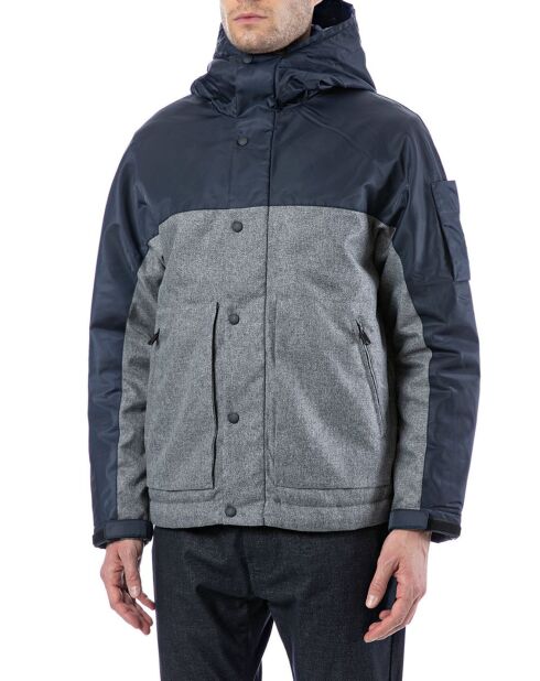 Grijs/blauw jack met capuchon van twee materialen
