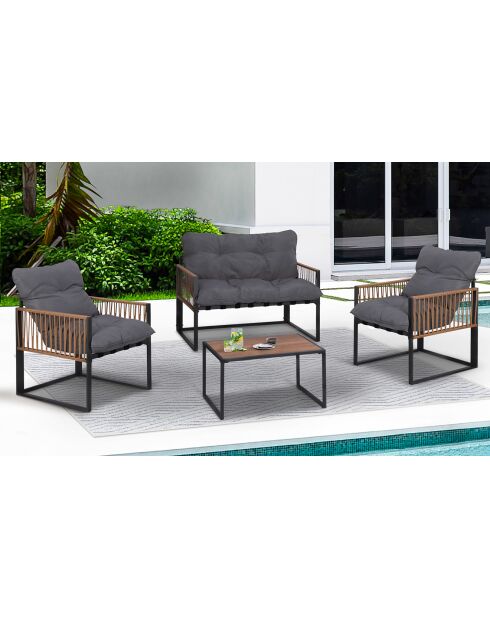 Salon de jardin Ozéa 4 places en métal et cordage gris anthracite/rotin