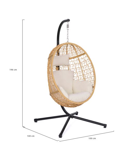 Fauteuil oeuf suspendu osier avec coussin intégré noir/beige - 100x100x196 cm
