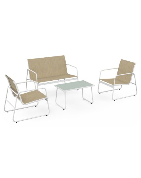 Salon de jardin Minorca 4 places en textiléne et verre trempé blanc/beige chiné