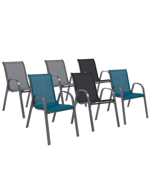 6 Chaises de jardin empilables en textilène gris anthracite/noir/bleu - 51.5x68x84 cm