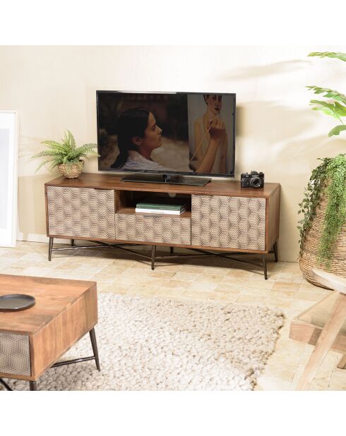 Meuble TV en Manguier motifs ethniques bois - 148x45x55 cm