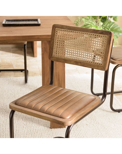 2 Chaises en Manguier assise matelassée en Cuir pieds rétro marron - 44x54x89 cm