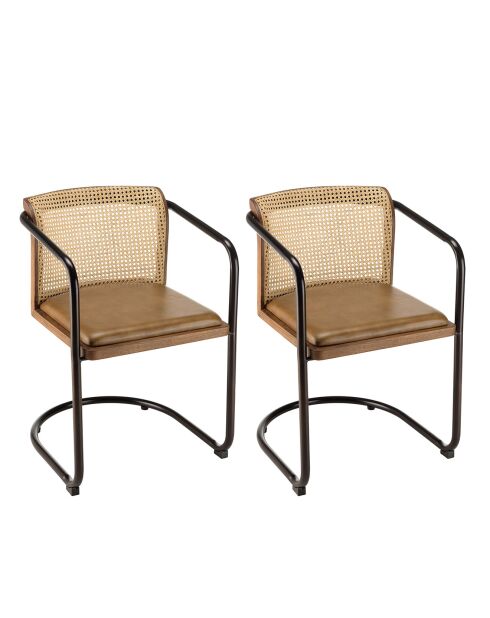2 Fauteuils en Manguier assise en Cuir dossier arrondi en Rotin rotin/noir - 52x58x77 cm