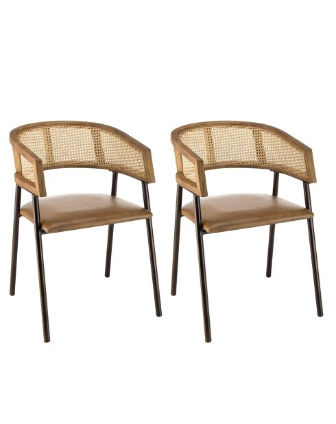 2 Fauteuils assise en Cuir dossier en Manguier & Rotin rotin/noir - 54x62x78 cm