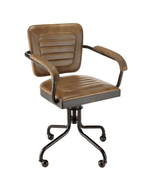 Fauteuil à roulettes assise matelassée en Cuir accoudoirs en Manguier marron - 57x53x91 cm