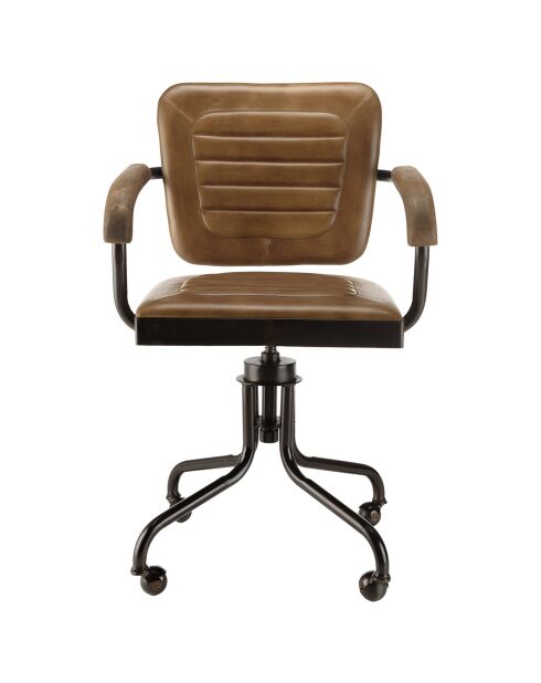 Fauteuil à roulettes assise matelassée en Cuir accoudoirs en Manguier marron - 57x53x91 cm