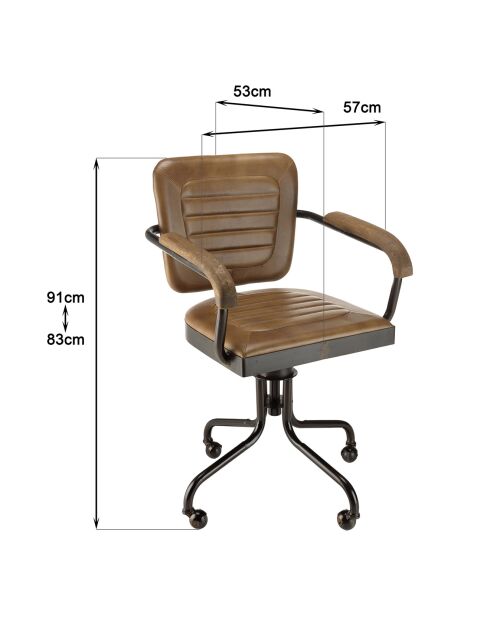 Fauteuil à roulettes assise matelassée en Cuir accoudoirs en Manguier marron - 57x53x91 cm