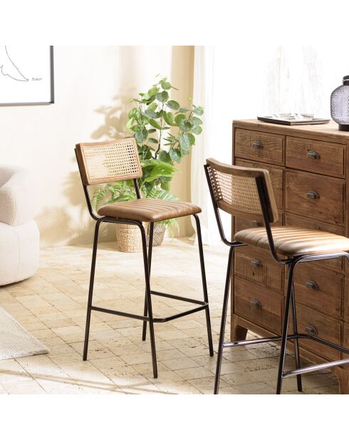 2 Tabourets de bar assise matelassée en Cuir rotin/noir - 45x55x104 cm