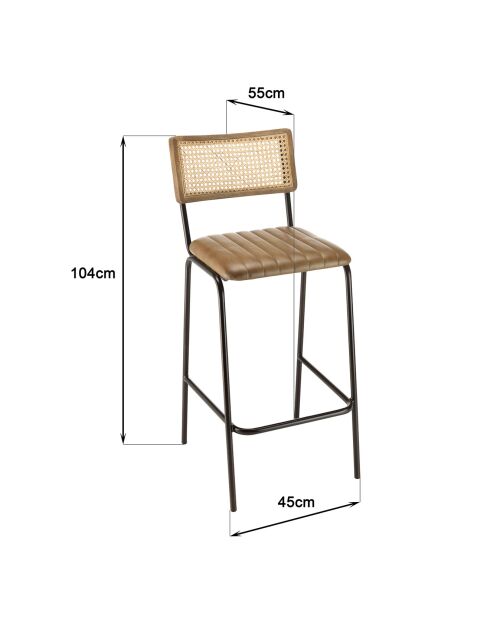 2 Tabourets de bar assise matelassée en Cuir rotin/noir - 45x55x104 cm