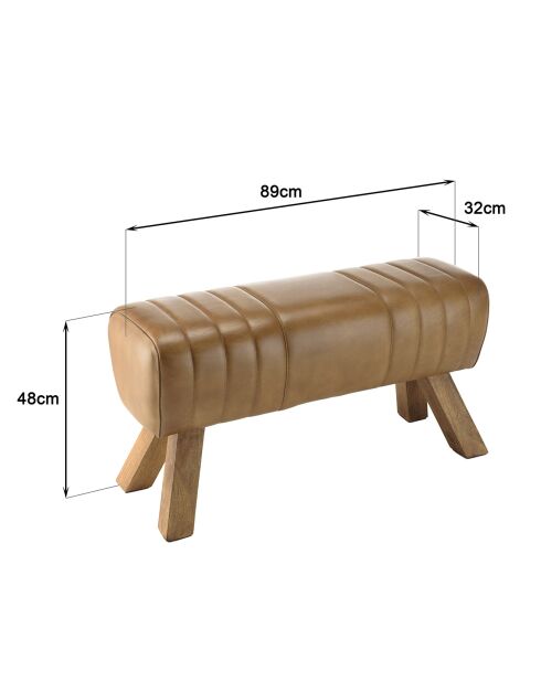 Banc matelassé en Cuir pieds inclinés en Manguier marron - 89x32x48 cm