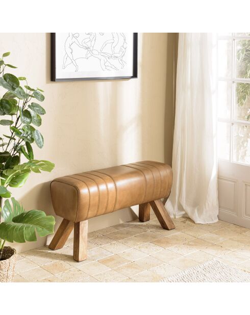 Banc matelassé en Cuir pieds inclinés en Manguier marron - 89x32x48 cm