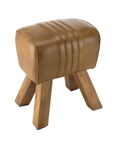 Tabouret matelassé en Cuir pieds inclinés en Manguier marron - 41x31x49 cm