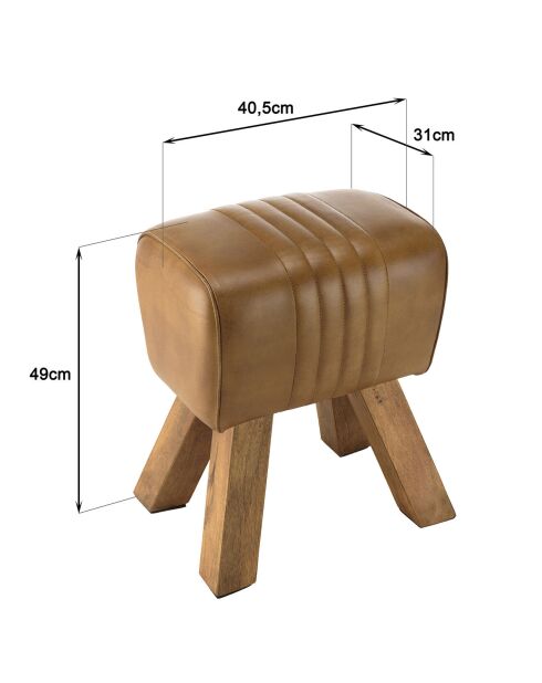 Tabouret matelassé en Cuir pieds inclinés en Manguier marron - 41x31x49 cm