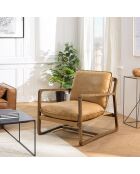 Fauteuil incliné vintage en Cuir structure en bois marron cognac - 74x95x85 cm