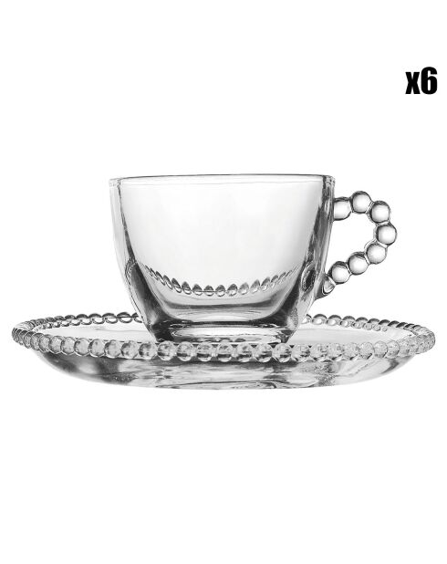 6 Tasses à café + soucoupes Perloa transparentes