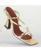 Sandalen aus platiniertem und goldfarbenem Leder - 7,5 cm Absatz