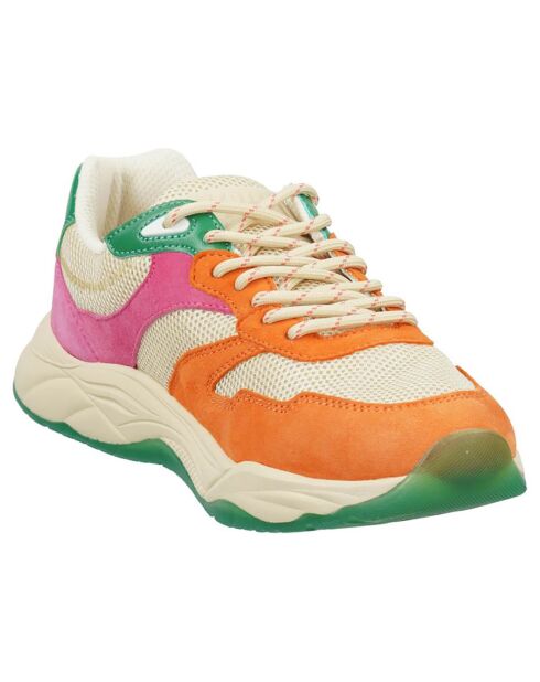 Sneakers en Velours de Cuir Céleste vert/rose/orange