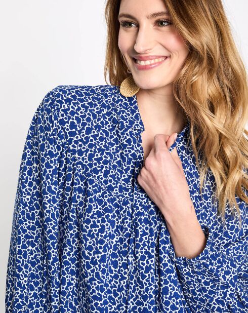 Robe col v lien imprimé taches bleu/blanc