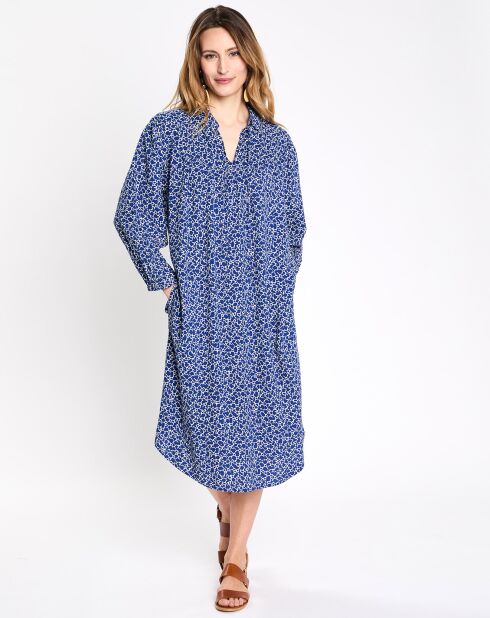 Robe col v lien imprimé taches bleu/blanc