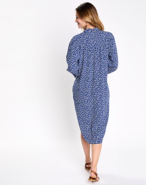 Robe col v lien imprimé taches bleu/blanc