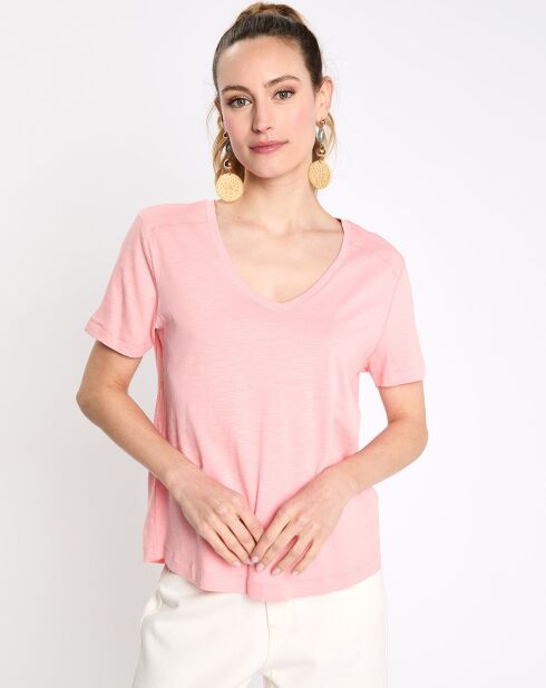 T-Shirt col v flamme rose