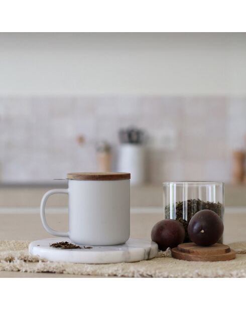 Tisanière avec couvercle en Grès & Acacia Juliet blanc/inox/naturel - 300ml