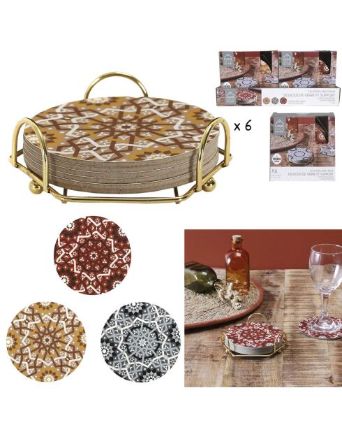 6 Dessous de verres avec support coloris aléatoire  - 37.5x4x11.5 cm