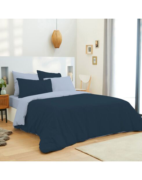 Parure housse de couette, drap housse & taies - pour lit 140x190 cm bleu olympe/marine