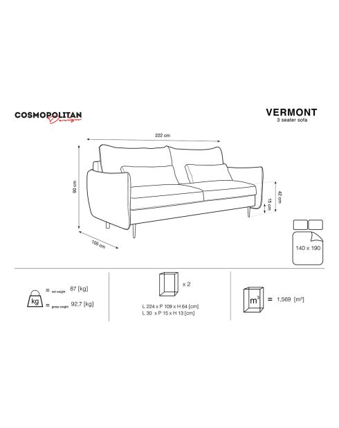 Canapé en Velours convertible avec coffre Vermont 3 places bleu foncé - 222x105x90 cm