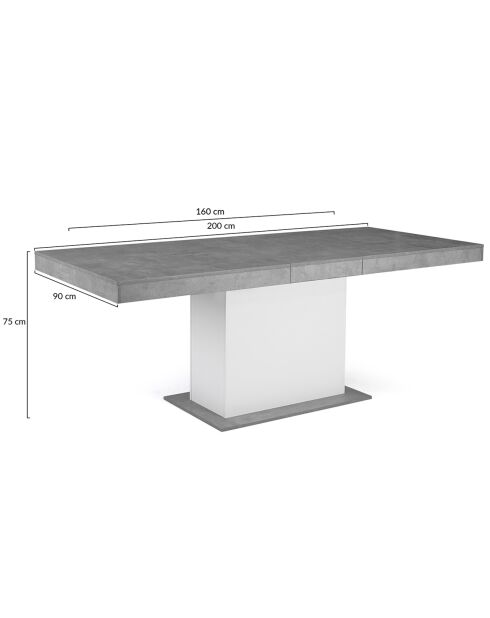 Table de repas extensible Tania plateau effet béton aspect béton/blanc - 200x90x75 cm