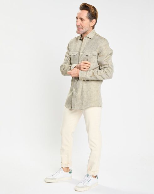 Lichtkaki overhemd van 100% linnen, slim fit met dubbele zakken