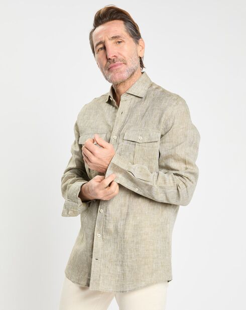 Lichtkaki overhemd van 100% linnen, slim fit met dubbele zakken