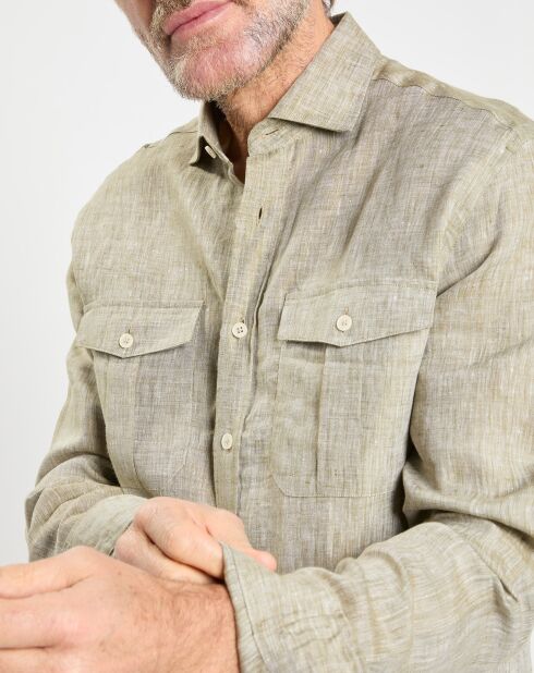 Lichtkaki overhemd van 100% linnen, slim fit met dubbele zakken