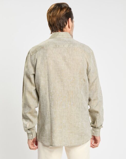 Lichtkaki overhemd van 100% linnen, slim fit met dubbele zakken
