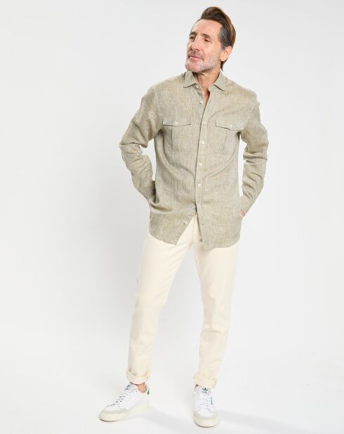 Lichtkaki overhemd van 100% linnen, slim fit met dubbele zakken