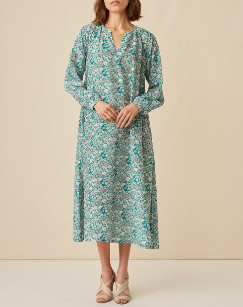 Robe en Soie mélangée Evi imprimée marguerite turquoise