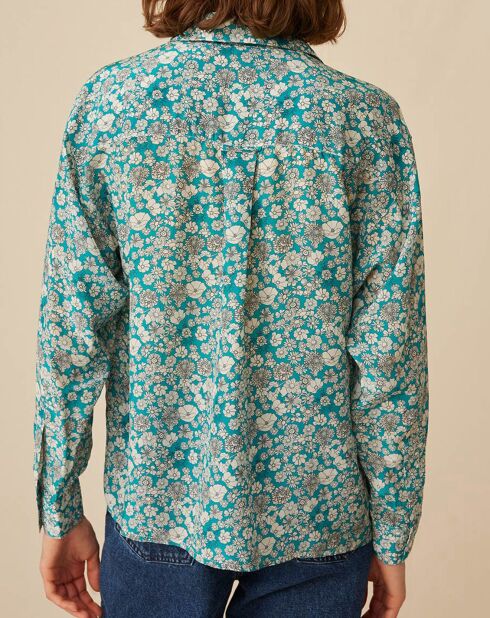 Chemise en Soie mélangée Evilio imprimée marguerite turquoise