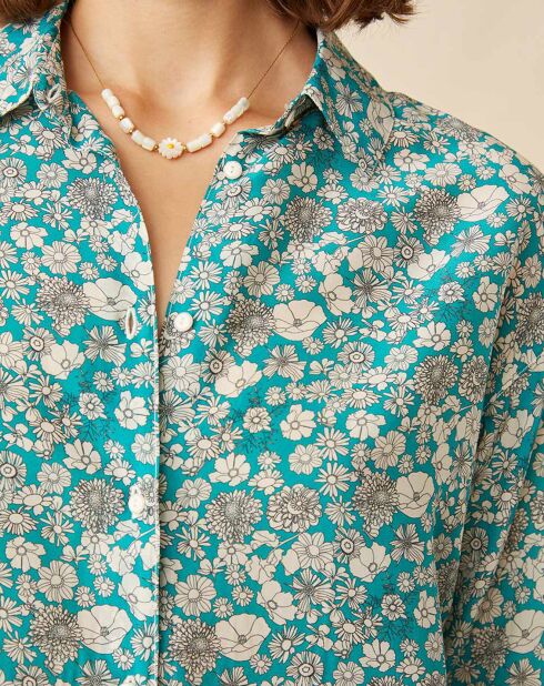 Chemise en Soie mélangée Evilio imprimée marguerite turquoise