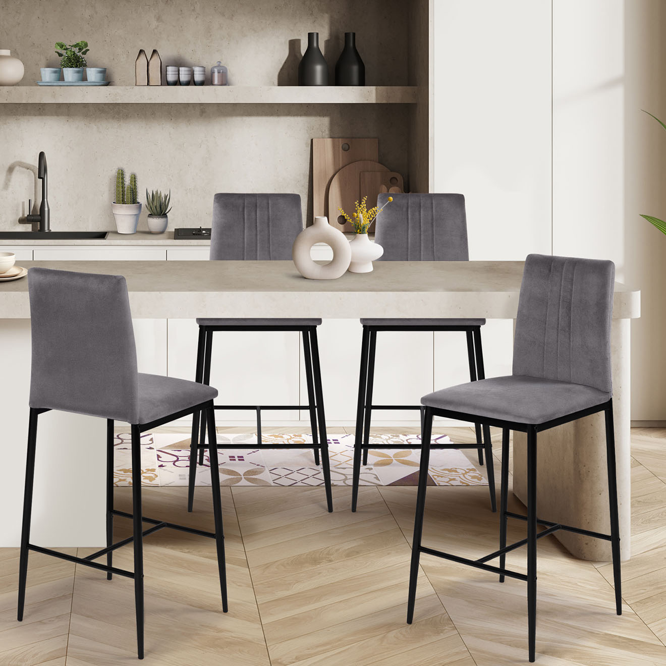 4 Tabourets de bar glam Jade en Velours gris foncé - 43x46.5x100 cm
